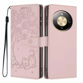   Honor Magic8 Lite Fa Macska Dombornyomott Fliptok Vegán Bőr Tok (Rózsaarany) tok