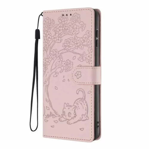 Honor Magic8 Lite Fa Macska Dombornyomott Fliptok Vegán Bőr Tok (Ró- 2 kép