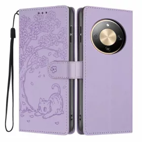   Honor Magic8 Lite fa és macska mintás dombornyomott lila fliptok vegán bőr telefontok tok