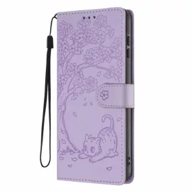 Honor Magic8 Lite fa és macska mintás dombornyomott lila fliptok veg- 2 kép