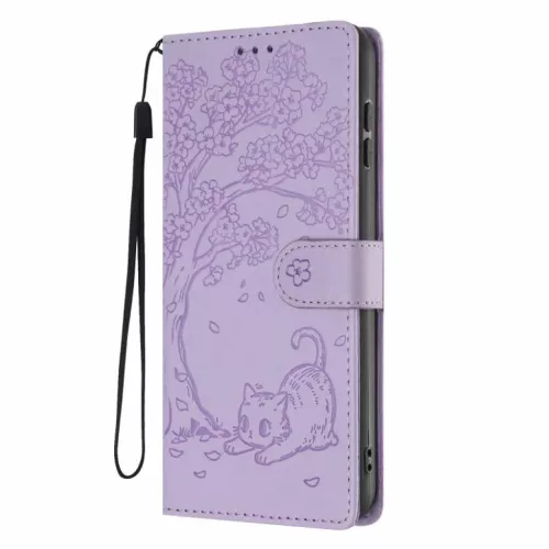Honor Magic8 Lite fa és macska mintás dombornyomott lila fliptok veg- 2 kép