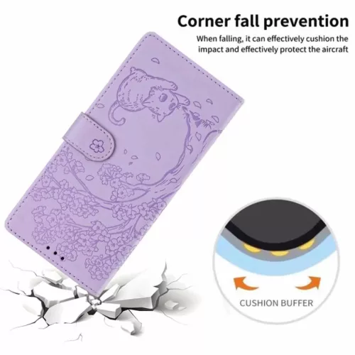 Honor Magic8 Lite fa és macska mintás dombornyomott lila fliptok veg- 6 kép