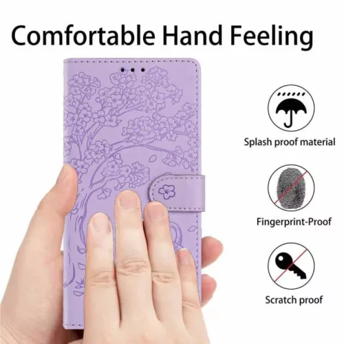 Honor Magic8 Lite fa és macska mintás dombornyomott lila fliptok veg- 7 kép
