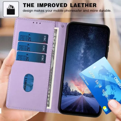 Honor Magic8 Lite fa és macska mintás dombornyomott lila fliptok veg- 8 kép