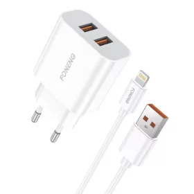   Gyors töltő Foneng 2x USB EU45 + USB Lightning kábel, hálózati töltő 