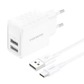   Foneng EU53 2xUSB-A, 2,4A hálózati töltő adapter (Fehér) + USB-C kábel