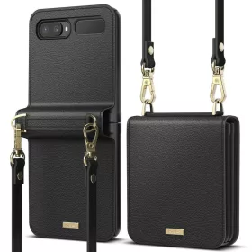   Samsung Galaxy Z Flip Ringke Folio Signature valódi bőr tok vállpánttal fekete (FOSG0001)