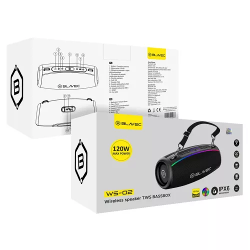 Blavec Hordozható Bluetooth Hangszóró TWS WS-02 Bassbox - 120W (WS0-5900217455073 7 kép
