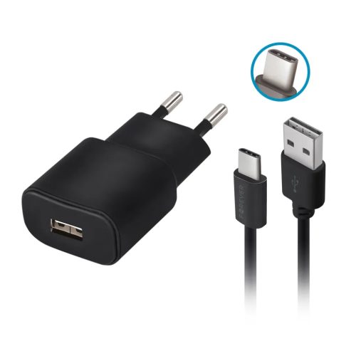 Forever TC-01 töltő 1x USB 2A fekete + USB-C kábel-5900495623355 1 kép