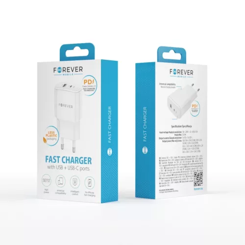 Forever TC-01-20AC PD QC töltő 1x USB-C 1x USB 20W fehér-5900495080752 10 kép