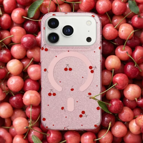 iPhone 17 Cherry Mag cseresznye mintás rózsaszín csillogó tok-5908067001648 8 kép