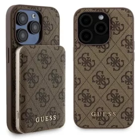   Guess 4G Metal arany embléma tok + 5000mAh MagSafe powerbank iPhone 15 Pro Max - barna