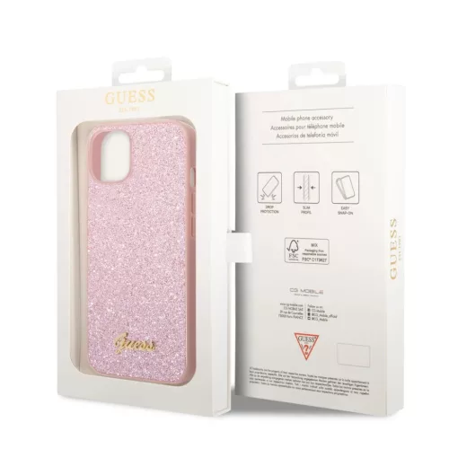 iPhone 14 Plus Guess PC/TPU Glitter Flakes Metal Logo tok rózsaszín -3666339065058 5 kép
