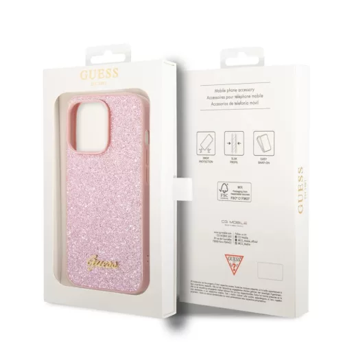 iPhone 14 Pro Max Guess PC/TPU Glitter Flakes Metal Logo tok rózsasz�-3666339065072 2 kép