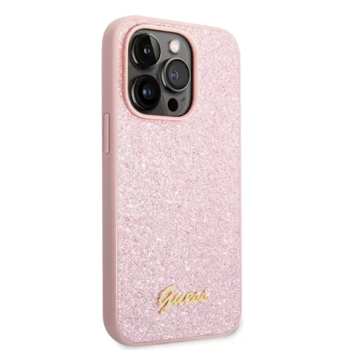 iPhone 14 Pro Max Guess PC/TPU Glitter Flakes Metal Logo tok rózsasz�-3666339065072 4 kép