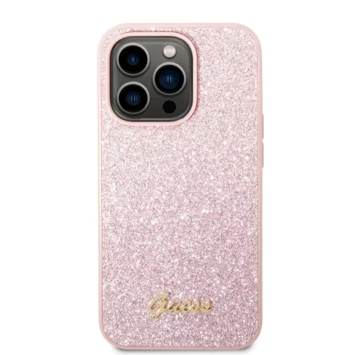 iPhone 14 Pro Max Guess PC/TPU Glitter Flakes Metal Logo tok rózsasz�-3666339065072 5 kép
