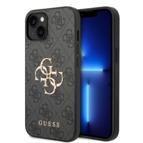   iPhone 15 Guess PU 4G Metal Logo tok szürke (GUHCP15S4GMGGR)