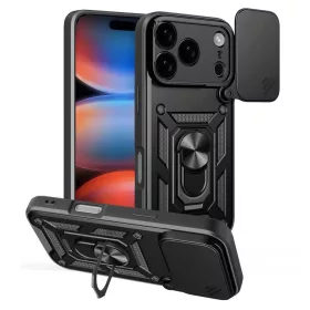    iPhone 17 Pro Fekete Hybrid Armor Camshield páncéltok állvánnyal és kameravédővel