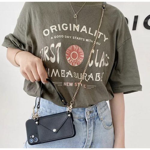 iPhone 13 TPU tok bőr pénztárcával és pánttal rózsaszín színb- 3 kép