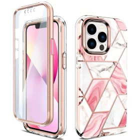   iPhone 13 Pro márvány mintás 360 fokos védelmet biztosító TPU tok kijelzővédővel, rózsaszín Alphajack