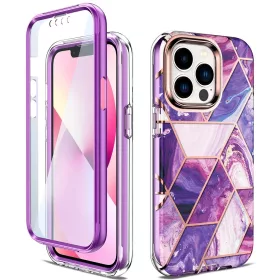   iPhone 13 Pro márvány mintás 360 fokos védelmet biztosító TPU tok kijelzővédővel, lila Alphajack