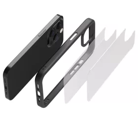 iPhone 14 Pro átlátszó TPU tok edzett üveg hátlappal, fekete kere- 2 kép