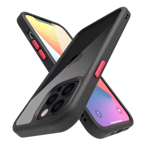 iPhone 14 Pro átlátszó TPU tok edzett üveg hátlappal, fekete kere- 3 kép