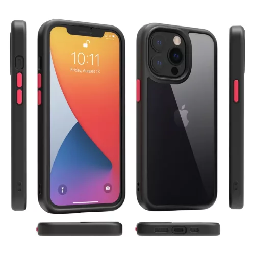 iPhone 14 Pro átlátszó TPU tok edzett üveg hátlappal, fekete kere- 8 kép