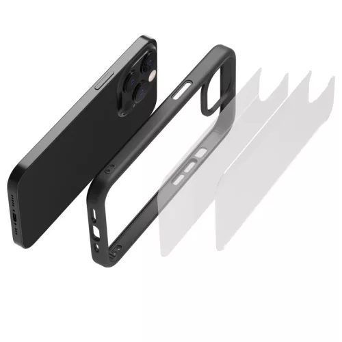 iPhone 14 Pro Max átlátszó TPU tok edzett üveg hátlappal, fekete - 2 kép