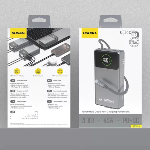 Powerbank Dudao K31 Pro 45W 20000mAh beépített, visszahúzható USB--6977196682010 2 kép