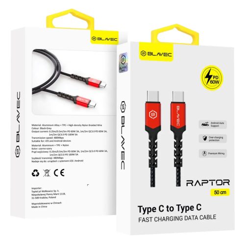 Blavec Cable Raptor fonott - Type C to Type C - PD 60W 3A 0,5 méter (-5900217422457 1 kép