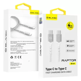   Blavec Cable Raptor fonott - Type C to Type C - PD 60W 3A 0,5 méter (CRA-CC3WS05) fehér-ezüst