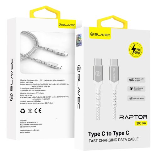 Blavec Cable Raptor fonott - Type C to Type C - PD 60W 3A 3 méter (CR-5900217422617 1 kép