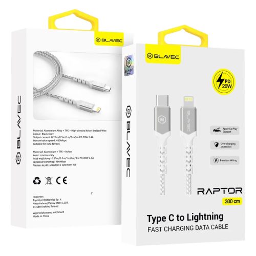 Blavec Cable Raptor fonott - Type C to Lightning - PD 20W 2,4A 3 méte-5900217422778 1 kép
