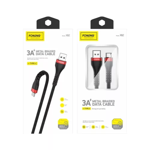 Foneng Kábel X82 - USB to Type C - 3A 1 méter fekete-6970462518433 5 kép