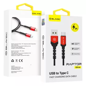   Blavec Cable Raptor fonott - USB Type C - 3A 1 méter Apple CarPlay/Android Auto (CRA-UC3BR10) fekete-piros