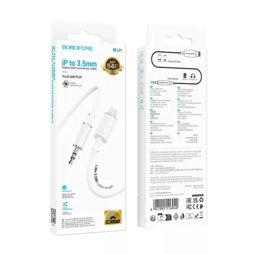 Borofone Kábel BL21 Lemon - Lightning - jack 3,5mm - 1 méter fehér-6941991116940 4 kép