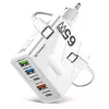 Techsuit - Prémium Fali Töltő PentaXPower (CHC1) - 3x USB QC 3.0, 2x Type-C PD 25W, 65W, LED, GaN, Type-C Kábel, 1m - Fehér