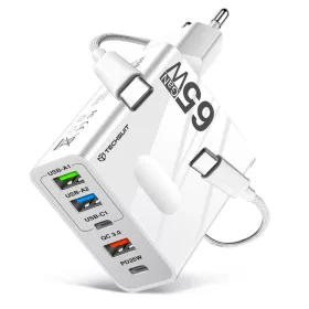  Techsuit - Prémium Fali Töltő PentaXPower (CHC1) - 3x USB QC 3.0, 2x Type-C PD 25W, 65W, LED, GaN, Type-C Kábel, 1m - Fehér