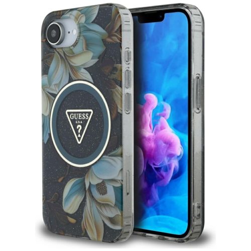  Guess - IML Fém Csillámvirágok Háromszög MagSafe (GUHMPSE4HFLPEDK) - iPhone 16e - Fekete tok