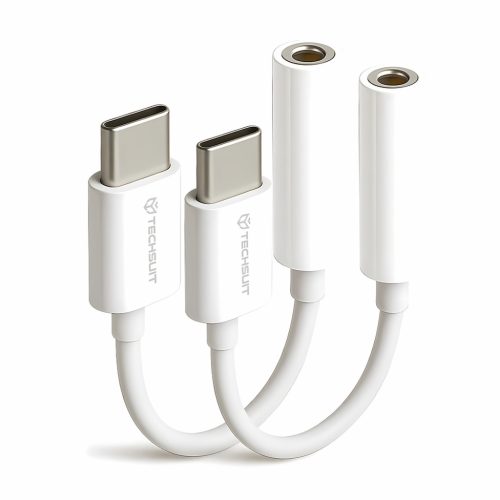 Techsuit - (2 darabos) Kábeladapter FuseXound (AC18) - Type-C-ről 3,5 mm-es Jack-re, 3A, Plug and Play, Fonott - Fehér
