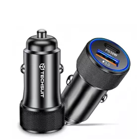   Techsuit - Prémium Autós Töltő VoltDuo (C2) - LED Fénnyel, USB QC 3.0, Type-C PD30W, 5V/3A, ABS, Fém - Fekete.