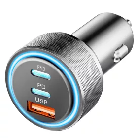   Techsuit - Prémium Autós Töltő DriveBoost (C6) - Gyors Töltés, LED Világítás, USB, 2x Type-C 60W, 5V/3A, Alumínium Ötvözet - Ezüst.
