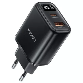   Yesido - Fali Töltő (YC68) - Digitális Kijelzővel, Gyors Töltés, telefonhoz, tablethez, USB, Type-C, 20W - Fekete