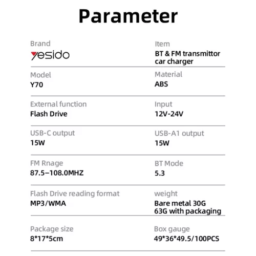 Yesido Autós Töltő (Y70) FM Transzmitterrel, Kettős USB-C + USB-A -6942314408155 5 kép