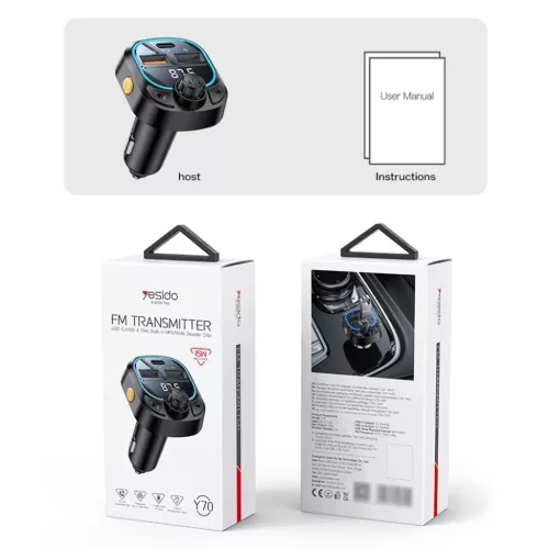 Yesido Autós Töltő (Y70) FM Transzmitterrel, Kettős USB-C + USB-A -6942314408155 6 kép