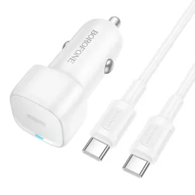   Borofone Autós Töltő Cloud (BZ34A) Type-C kábellel, Egyszeres Type-C Port, PD20W, ABS, DC 12-24V-hoz - Fehér