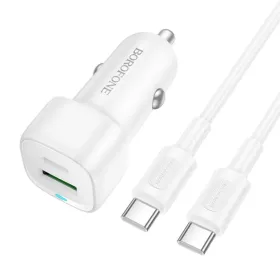   Autós töltő Borofone Cloud (BZ34B) - Type-C kábel mellékelve, Type-C + USB-A, PD20W, QC3.0, Kettős port, 38W, ABS - Fehér