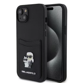    iPhone 15 Fekete Karl Lagerfeld KLHCP15SSAPKCNPK PU Saffiano Kártyatartó fém Karl és Choupette tok