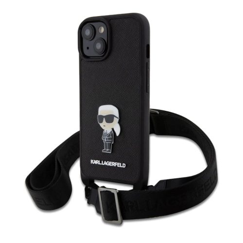 iPhone 15 Karl Lagerfeld Saffiano Crossbody Metal Ikonik keresztpántos tok, telefontok fekete